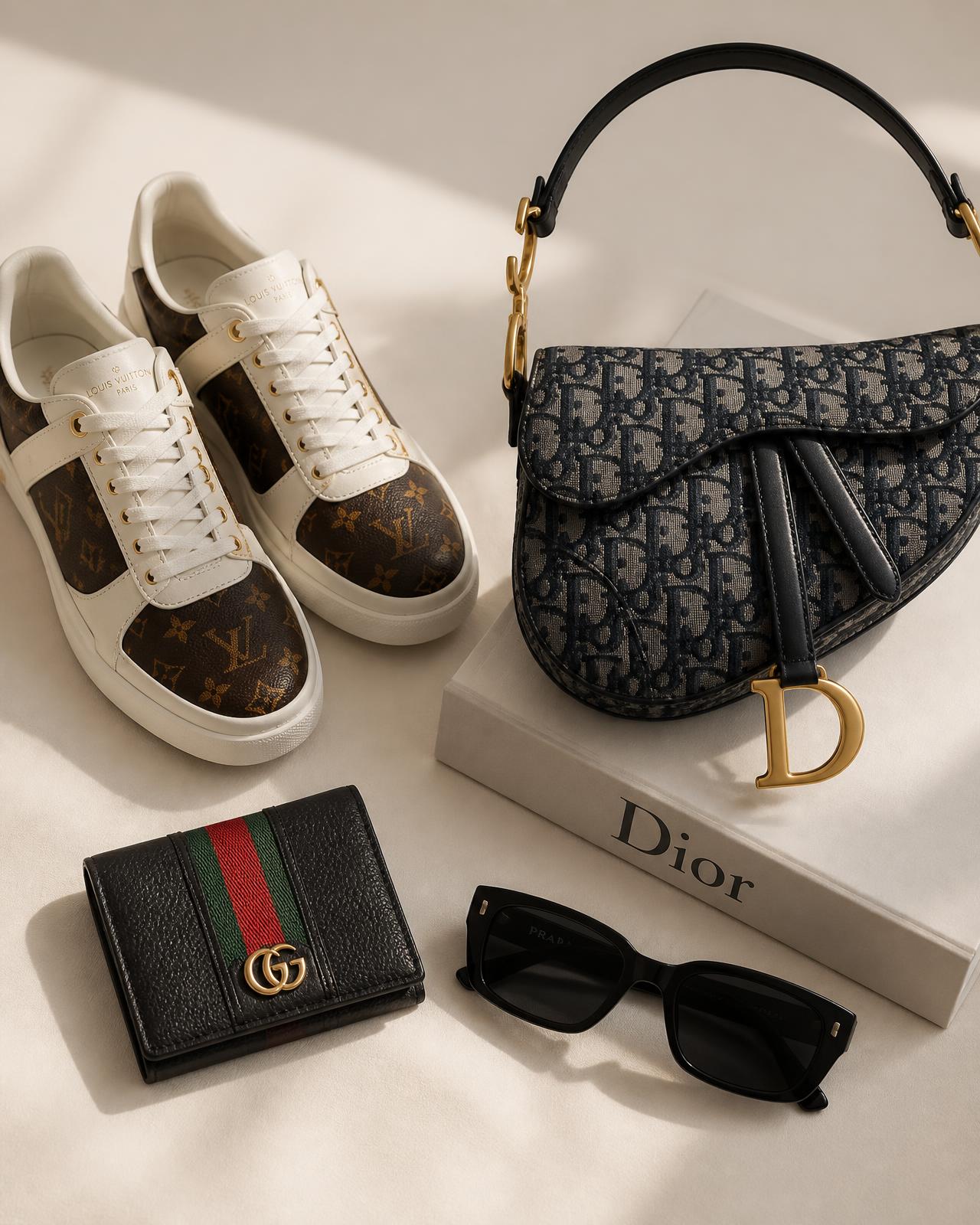 Ténis Louis Vuitton, carteira Gucci, óculos Prada e bolsa Dior sobre fundo bege